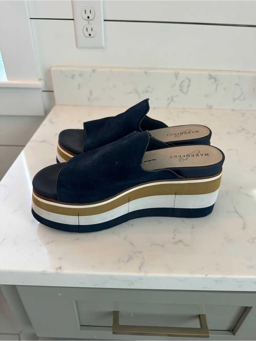 Naked Feet Navy Suede Striped Platform Mule - excellent condition